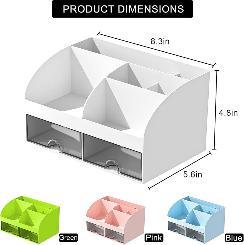 COMFYROOM Desk Organizer with 6 Compartments and 2 Drawers, Plastic Makeup Organizer, Pen Holder for Desktop Storage, Desk Organization for School, Home, Office Supplies (White-2Pack) - Image 3